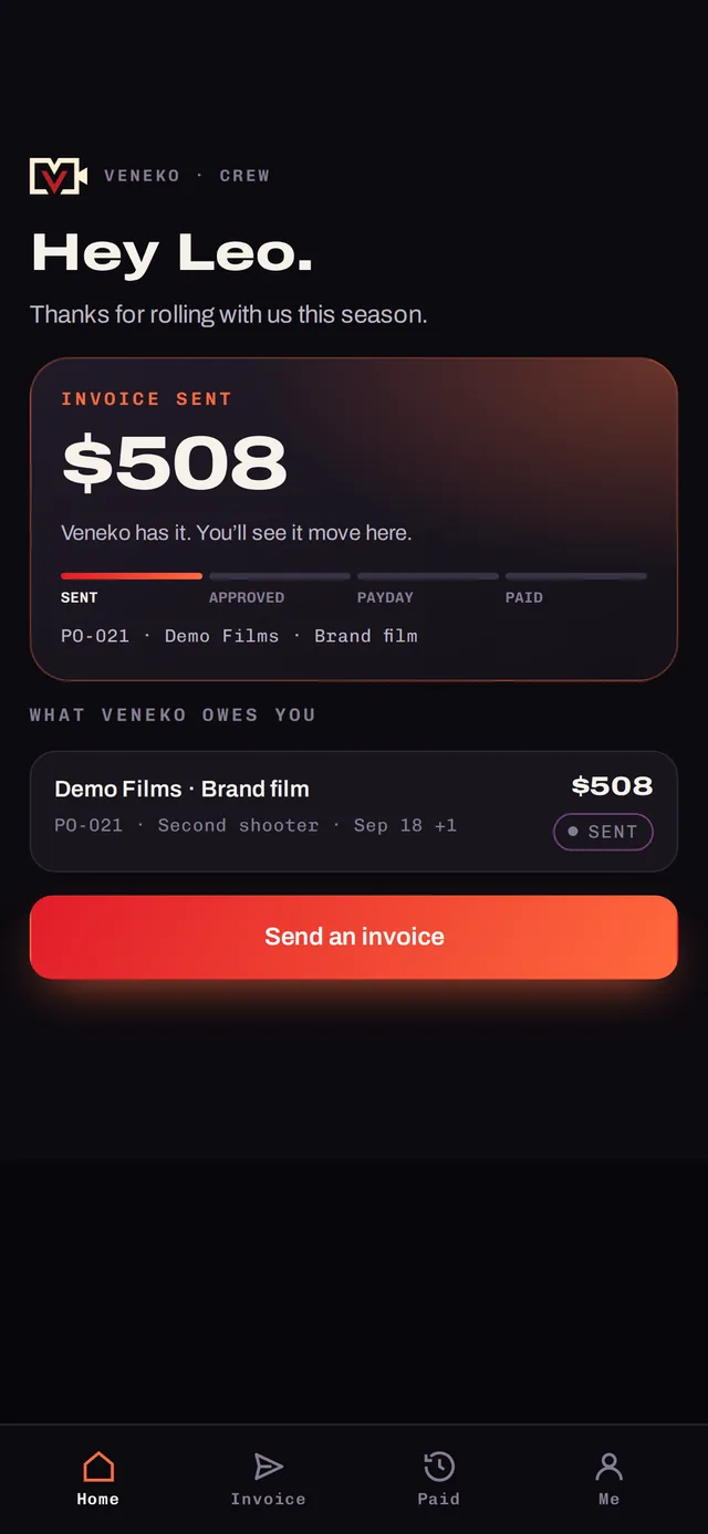 A crew member's phone link showing their invoice status