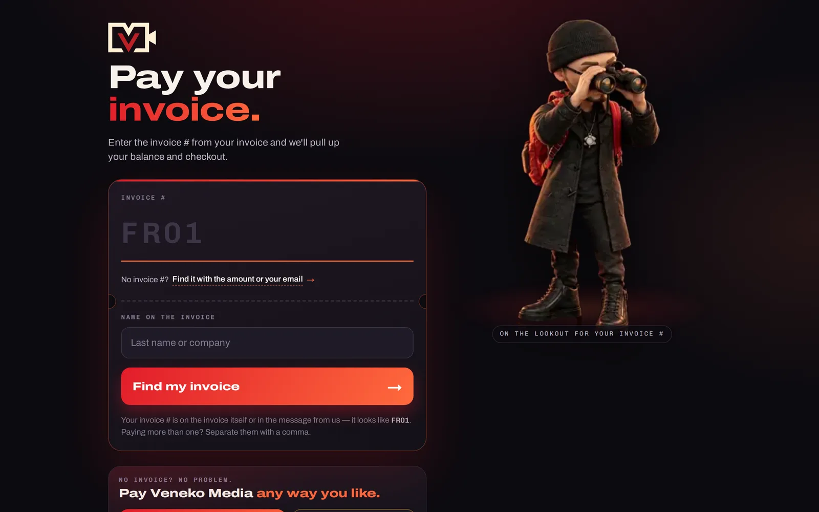 payveneko.com, Veneko Media's live pay page running on Paylock