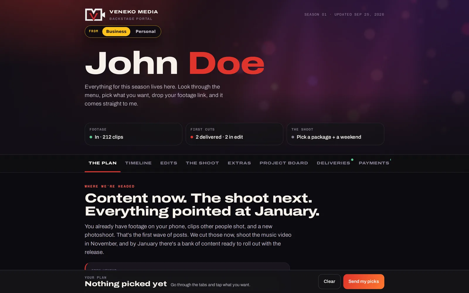 A client's Backstage portal on desktop with the plan, timeline and edits tabs